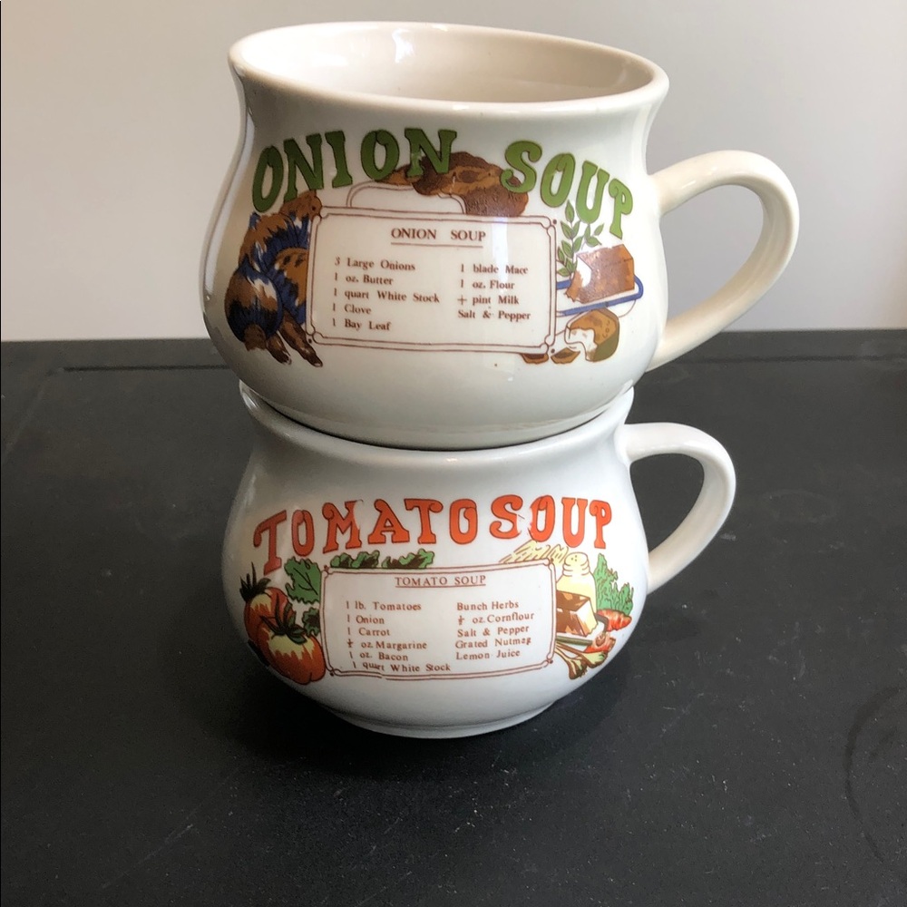 Vintage Soup Mugs Set - Cream with Colorful Graphics